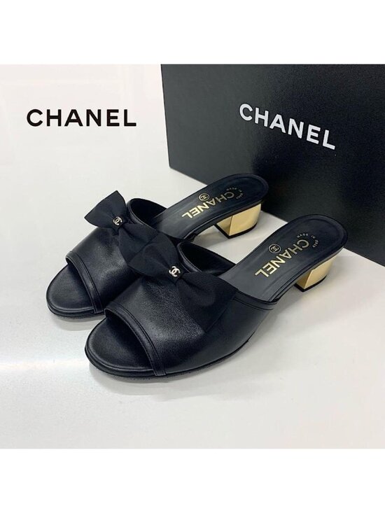 Chanel Shoes - Chanel CC Logo Leather Ribbon Sandals Black